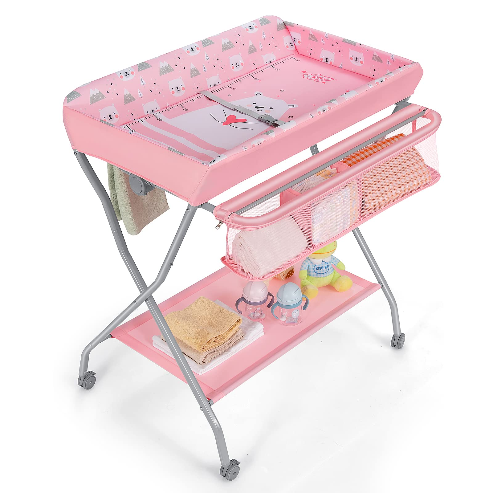 Costzon Portable Changing Table, Mobile Baby Changing Table with Wheels, Safety Belt, Large Storage Basket