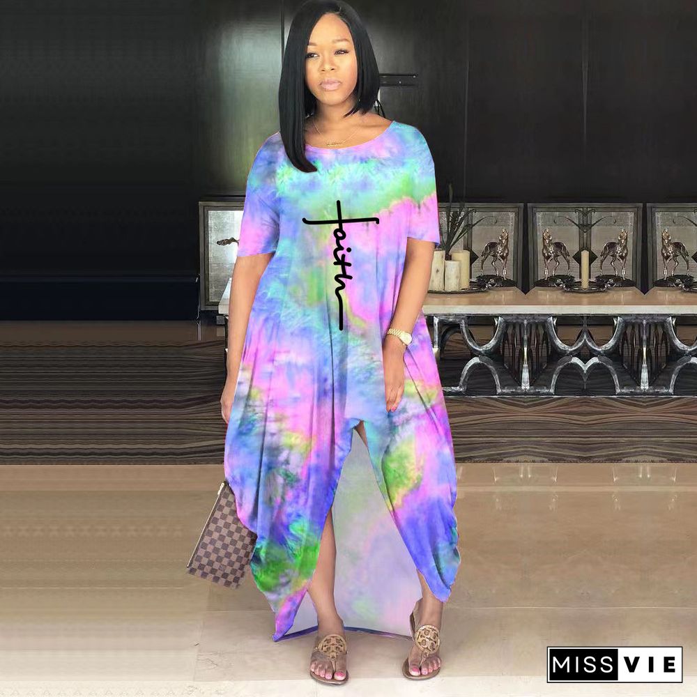 Tie Dye Print Short Sleeve Loose irregular Maxi Dress