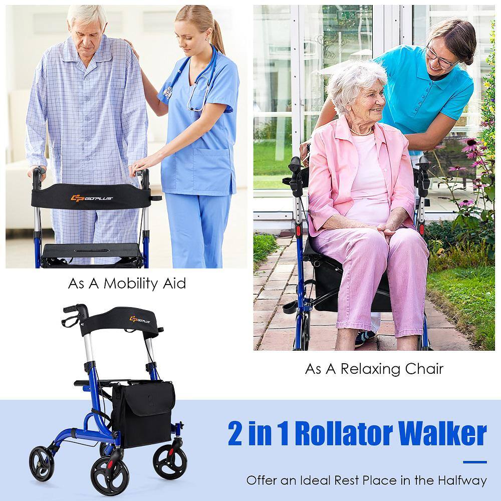 Costway 4-Wheel Walker Rollator wSeat Folding Aluminum Rolling Walker w8 in. Wheels in Blue JH10007BL