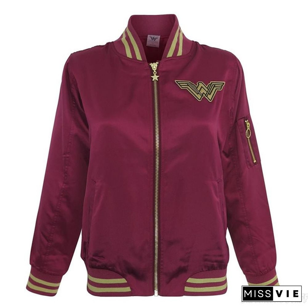 Wonder Woman Bomber Jacket Autumn and Winter Women's Classic Solid Zip Up Jacket Wind Coat