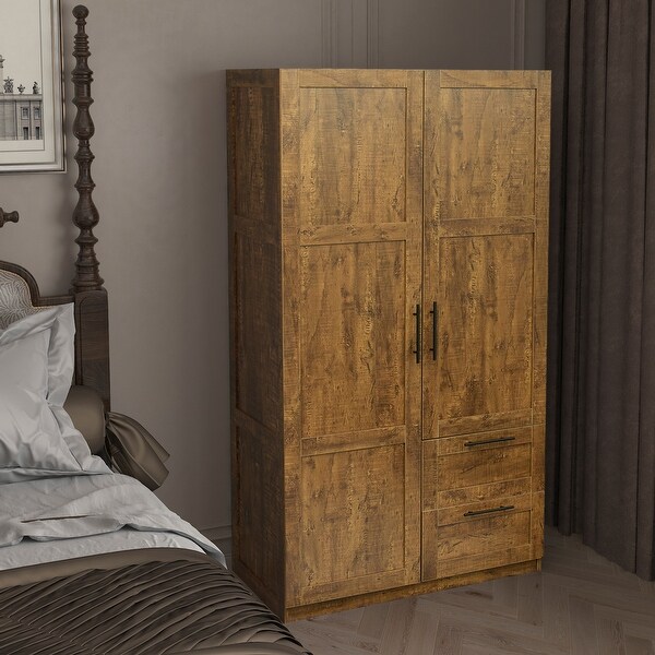 Wood High Wardrobe with 2 Drawers， 5 Storage Space and 2 Doors - - 36394606