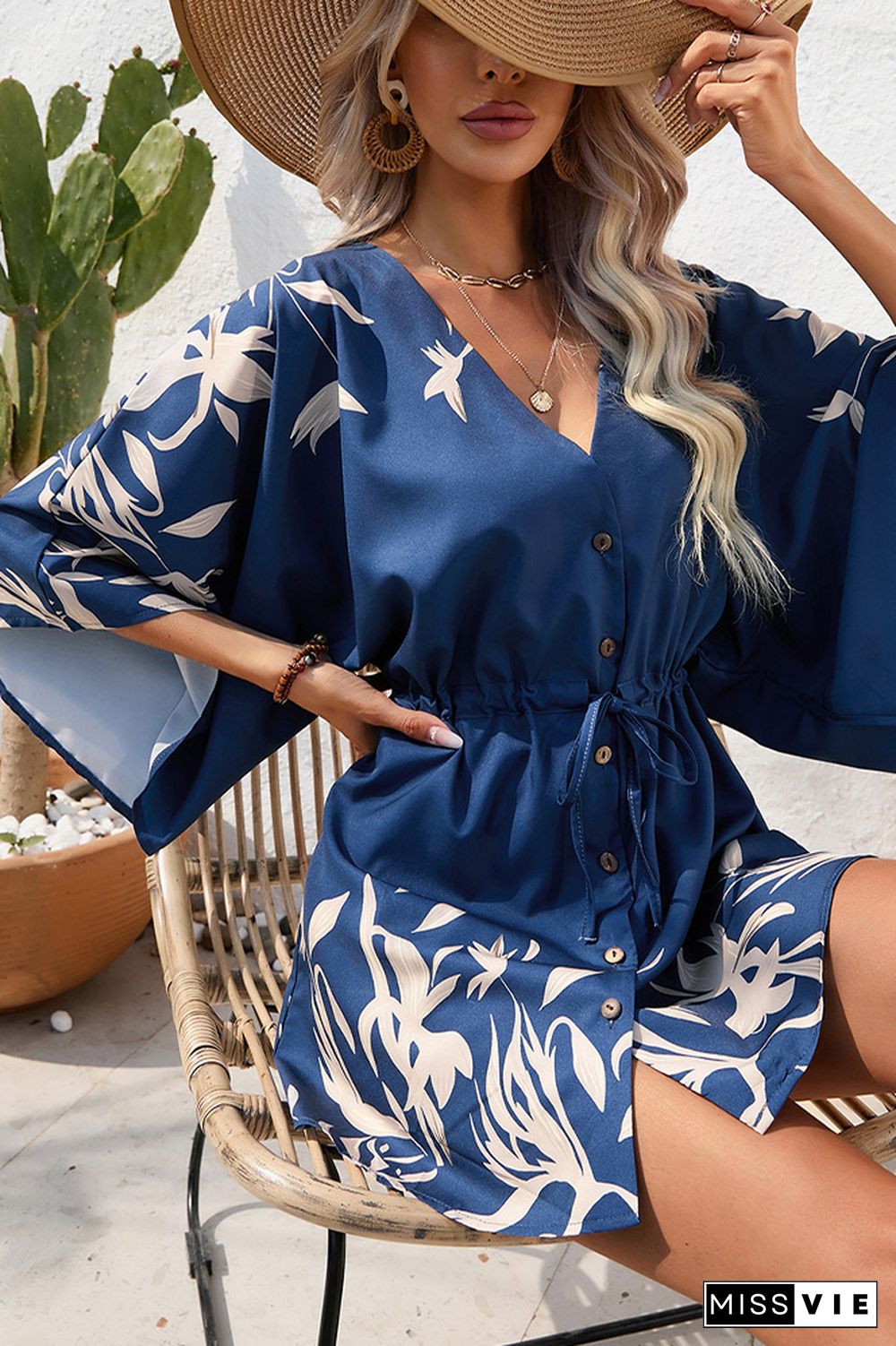 Open Button V Neck Drawstring Flare Sleeves Floral Dress