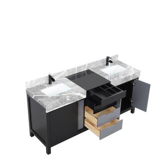 Lexora Zilara 72 in W x 22 in D Black and Grey Double Bath Vanity Castle Grey Marble Top and Matte Black Faucet Set LZ342272DLISFCM