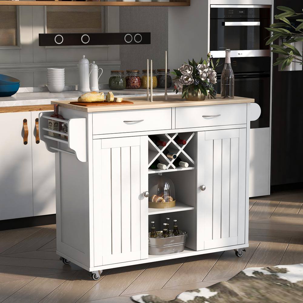 HwoamneT White Kitchen Island Cart with 2 Storage Cabinets 4 Locking Wheels Wine Rack 2-Drawers Spice Rack Towel Rack SH#WF28735WH