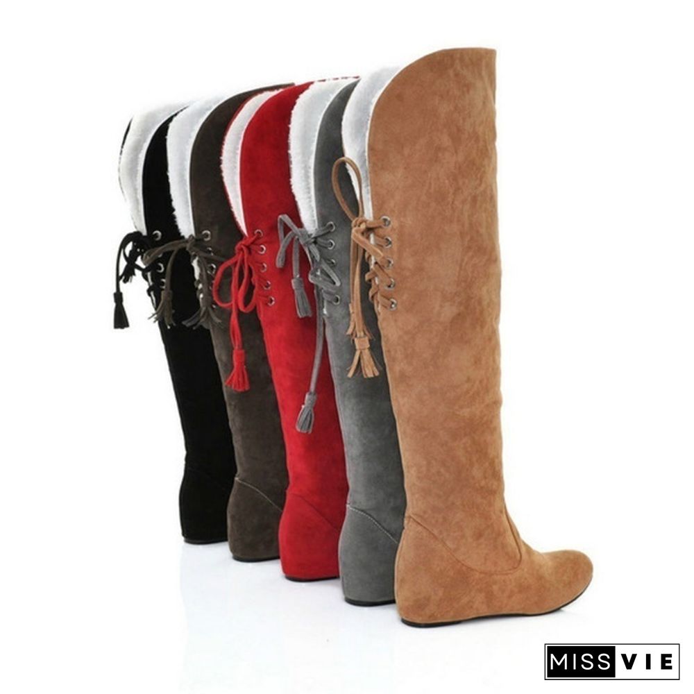 Womens Thigh High Boots Stretch Over The Knee Suede Leather Boots 34-43 Flat Heels Shoes Woman Winter Botas