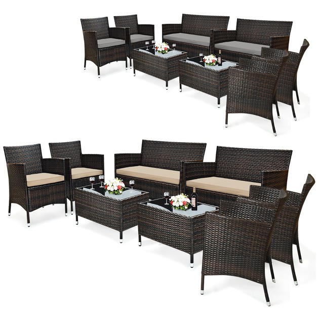 Costway 8pcs Patio Wicker Furniture Set Sofa Chair With Brown amp Red Cushion Covers Garden