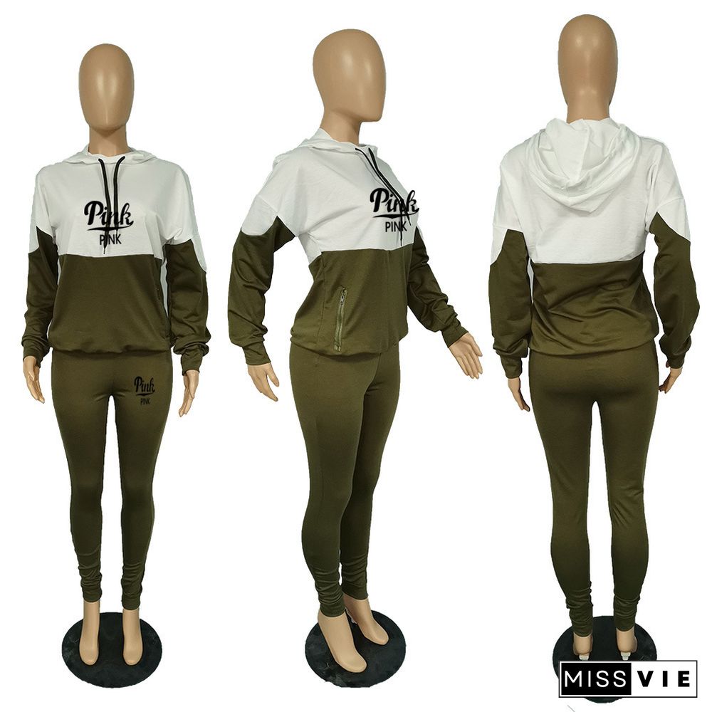 PINK Letter Patchwork Hooded Sweatshirt And Pants Sets