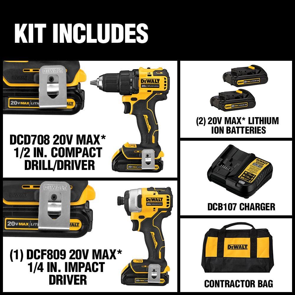 DEWALT ATOMIC 20V MAX Cordless Brushless Compact Drill/Impact 2 Tool Combo Kit with (2) 1.3Ah Batteries, Charger, and Bag DCK278C2