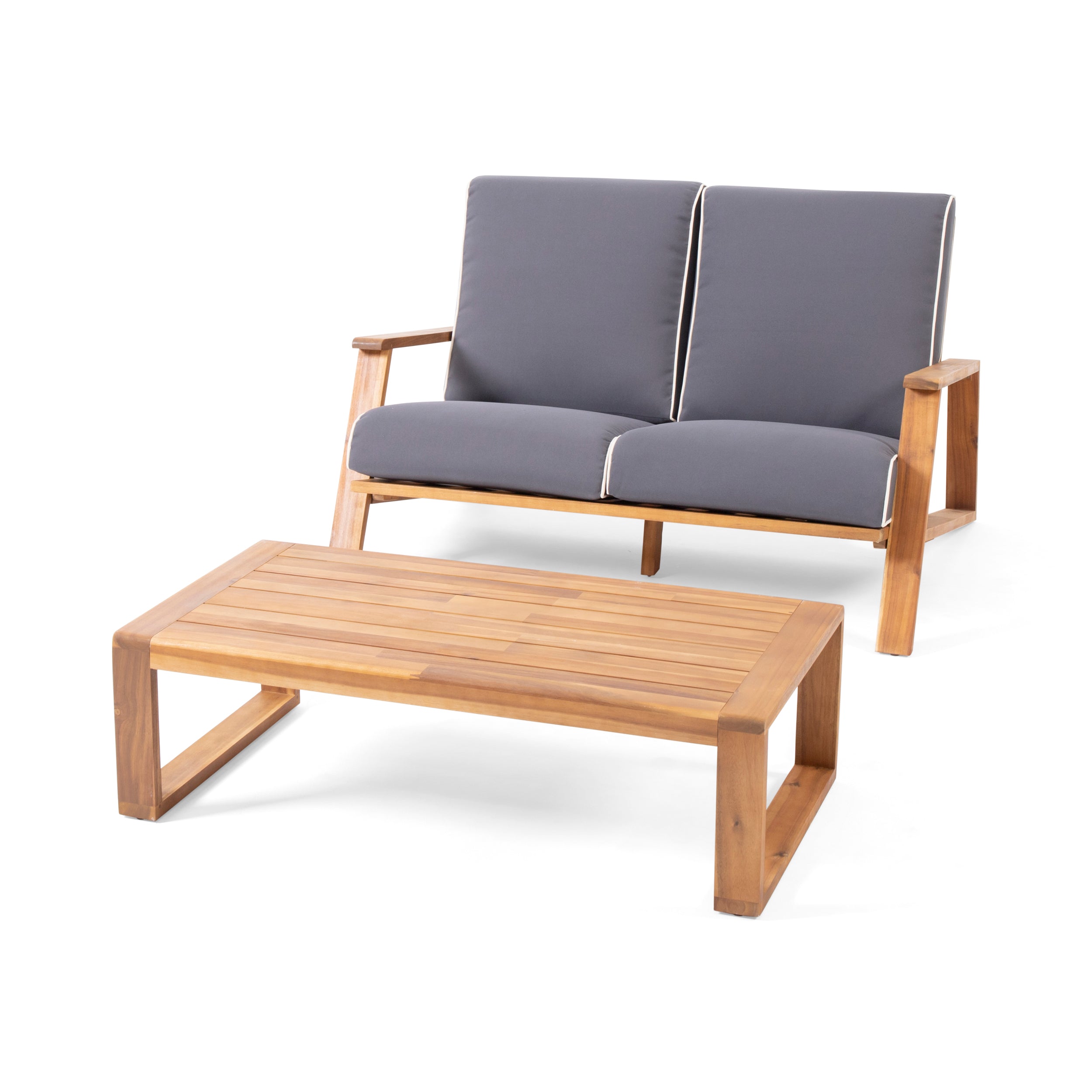 Youssef Outdoor Acacia Wood Loveseat Set with Coffee Table