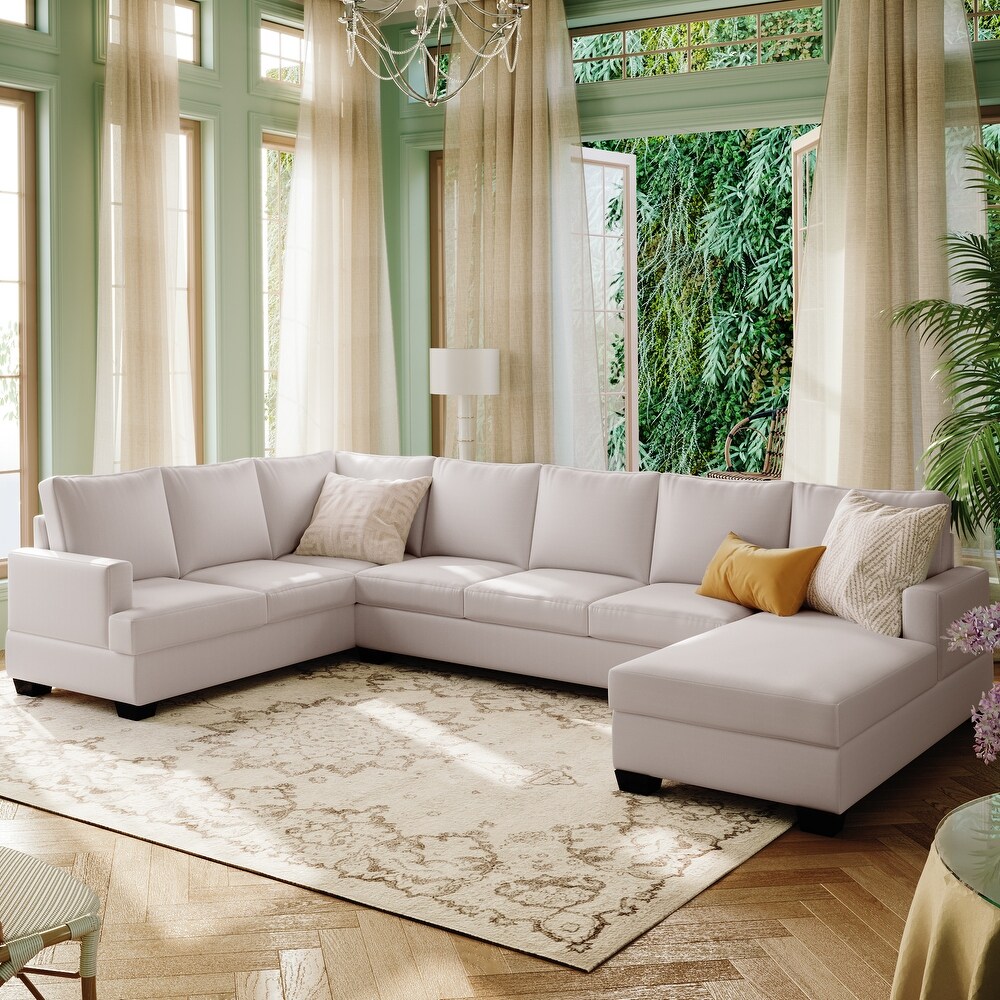 Modern 6 Seat Sofa Large Polyester Padded U shape Sectional Sofa Furniture Set  Extra Wide Chaise Lounge Couch   Wood Feet