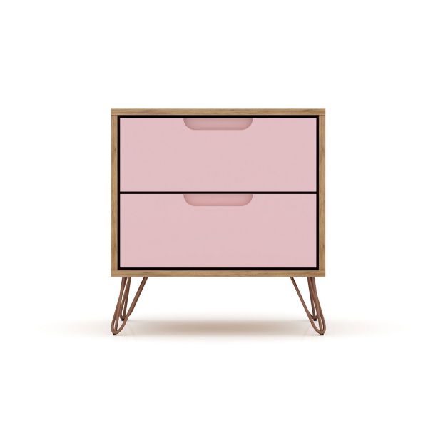 Rockefeller Tall 5- Dresser and 2-Drawer Nightstand in Nature and Rose Pink