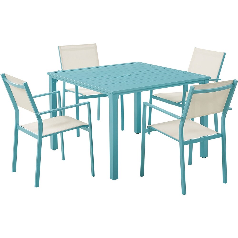 Mod Luna 5 Piece Patio Dining Set in Teal with 4 Sling Dining Chairs and 41 in. Slat Dining Table