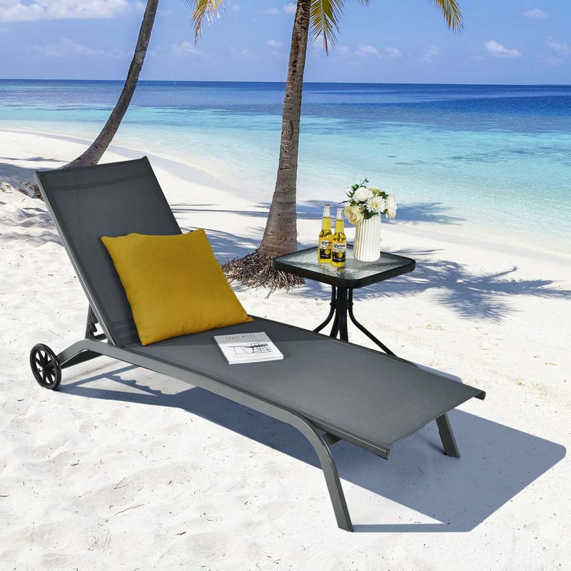 Quick-Drying Outdoor Chaise Lounge Chair with Wheels, 6-Position Patio Beach Pool Lounge Chair Lawn Sun Lounger