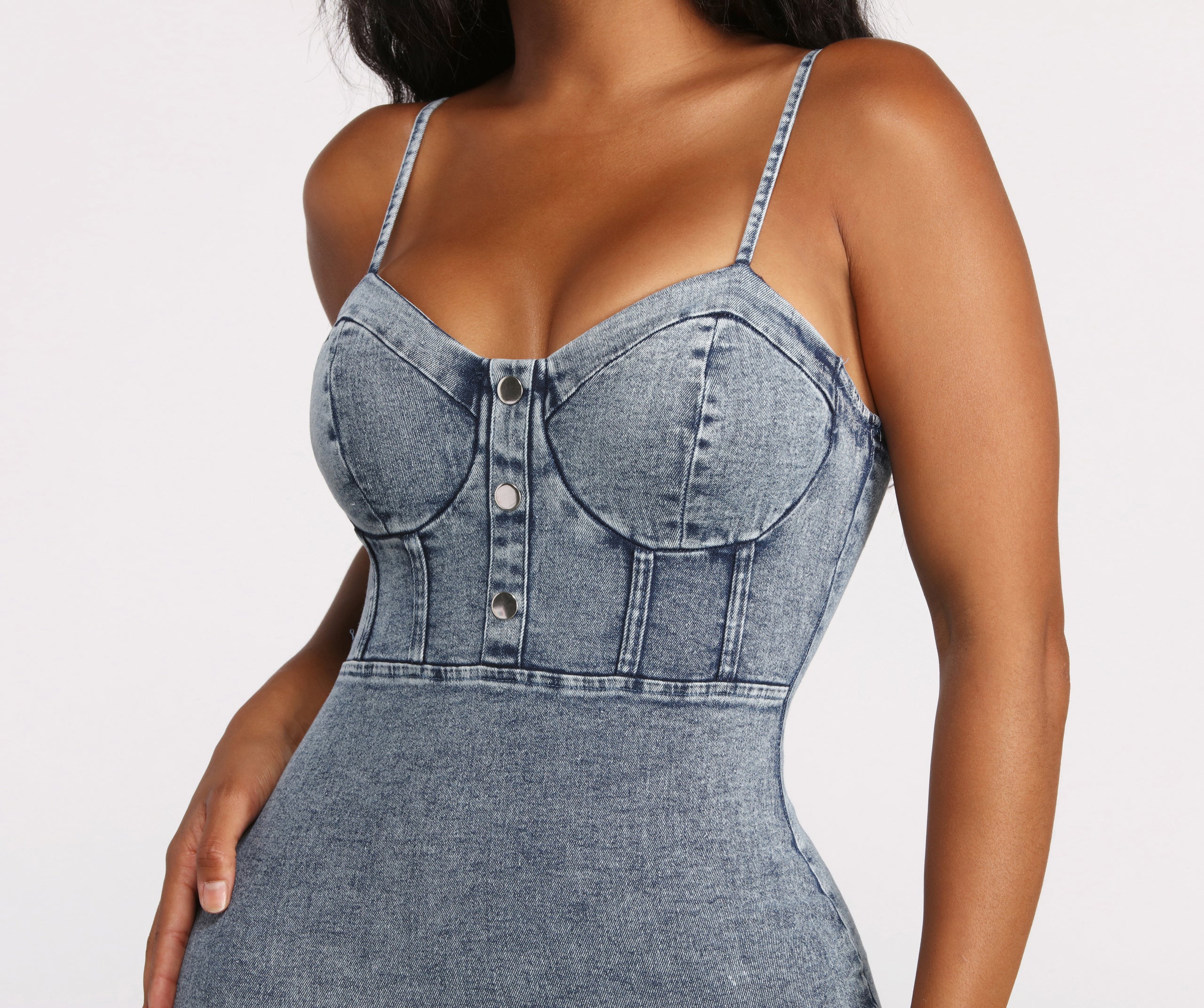 Acid Wash Denim Spaghetti Strap Button Mini Dress