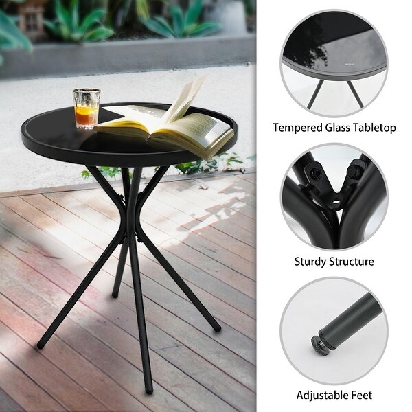 All Weather Outdoor Round Metal Patio Table with Tempered Glass Tabletop