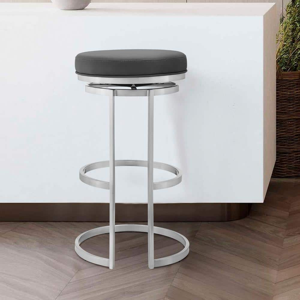 HomeRoots Julia 30 in. Gray Backless Metal Bar Height (28-33 in.) Bar Stool with Faux Leather Seat 2000476993