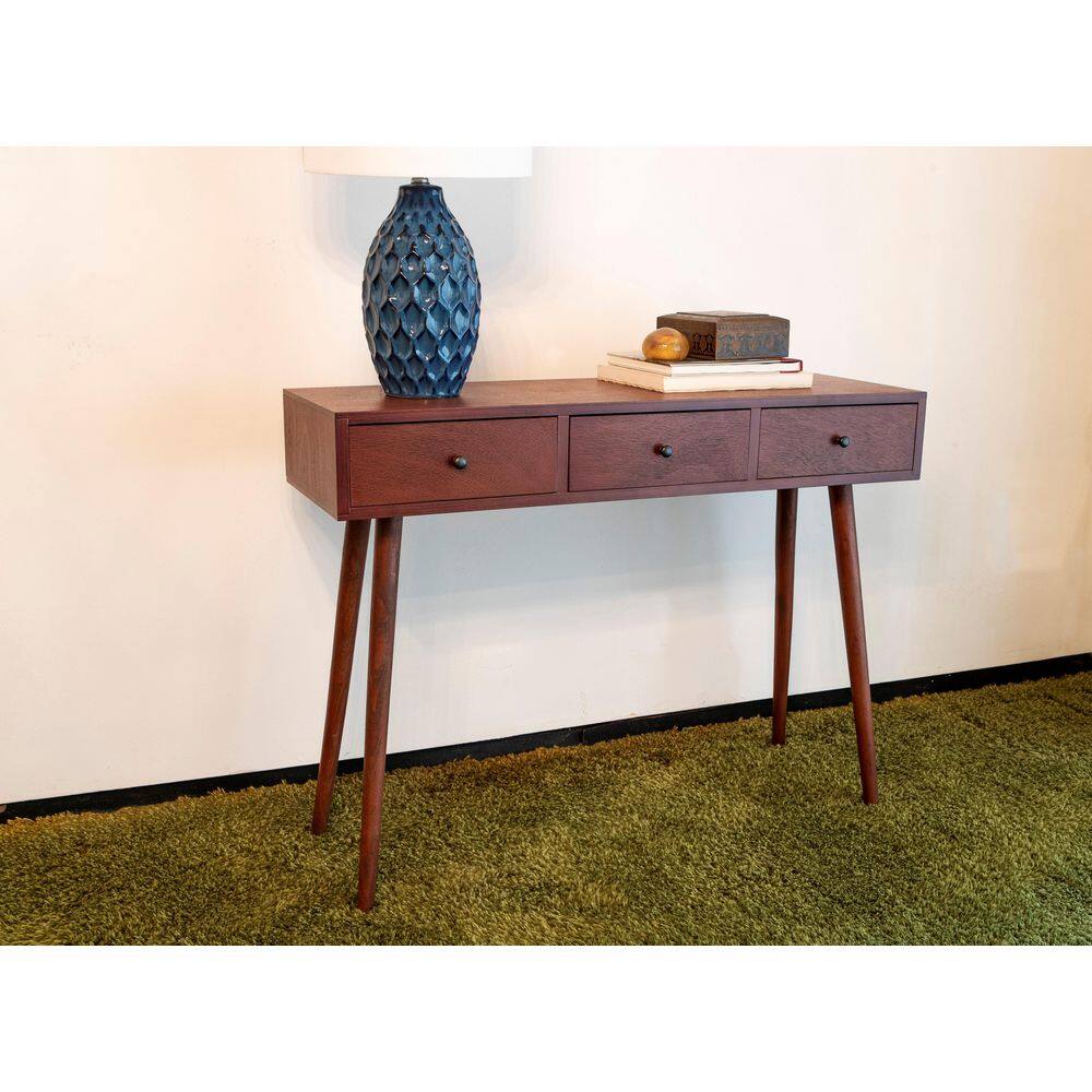 Decor Therapy Mid 42 in. Walnut Standard Rectangle Wood Console Table with Drawers FR6323