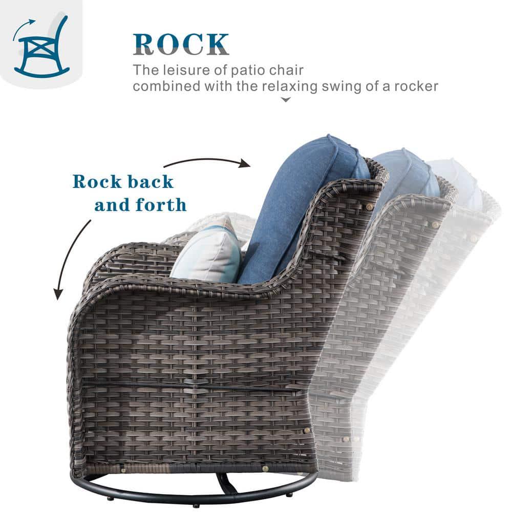 OVIOS Joyoung Gray 3Piece Wicker Outdoor Patio Conversation Seating Set with Denim Blue Cushions and Swivel Rocking Chairs