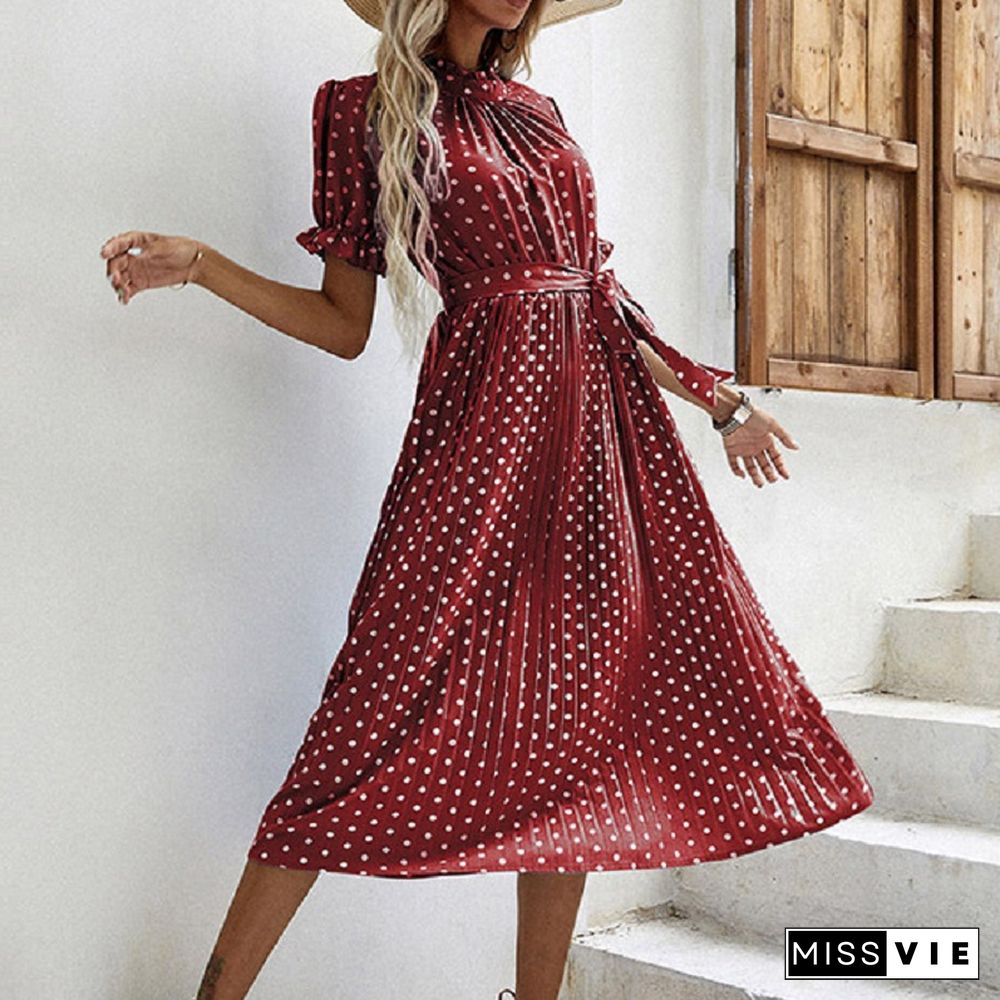 Casual Women Summer Dress Pleated Short Sleeve Dresses New Chic Elegant Fashion Lace-up Polka Dot Flared Sleeve Midi Dress