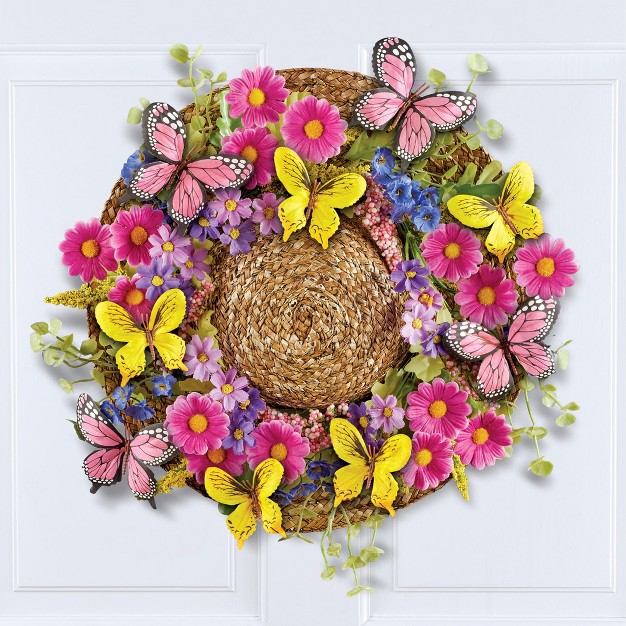 Collections Etc Butterfly Floral Straw Hat Hanging Wreath