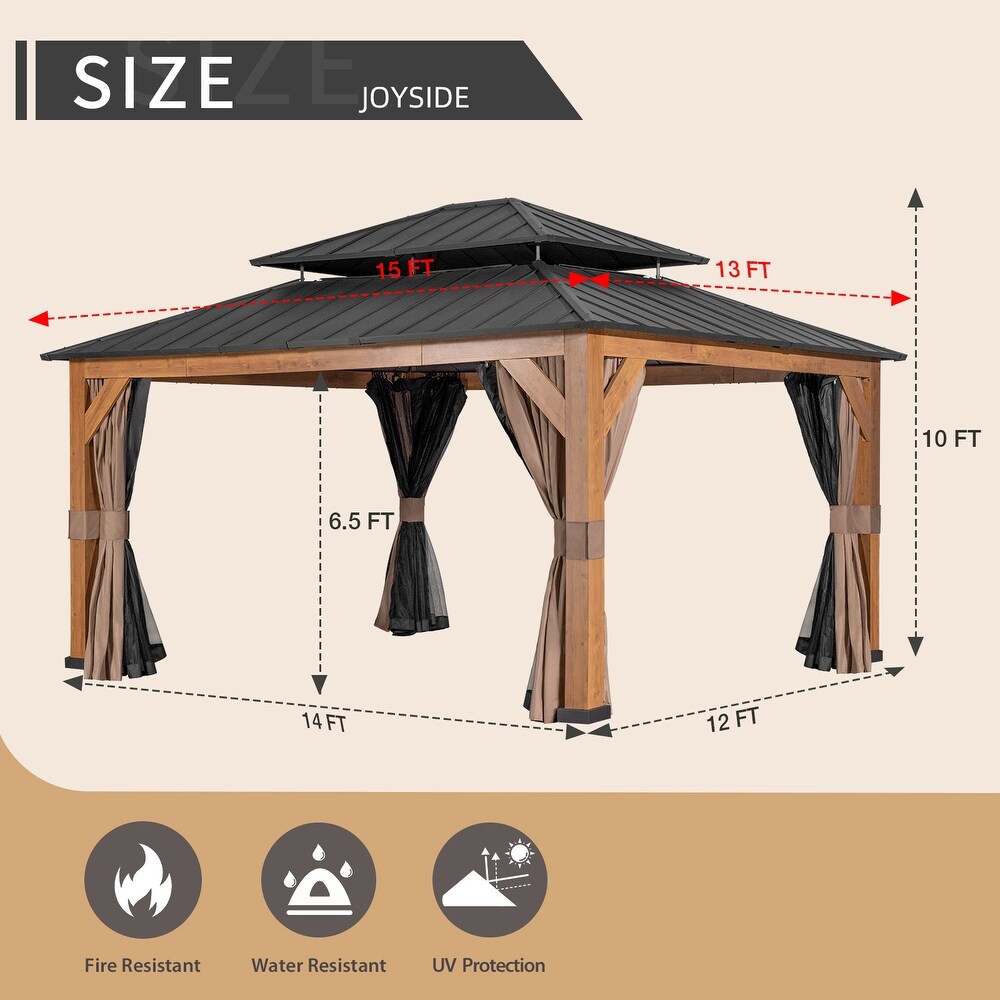 Cozywor 15 ft. x 13 ft. Wood Grain Aluminum Double Roof Hardtop Gazebo