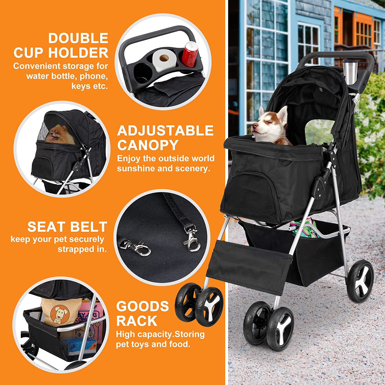 4 Wheel Dog Stroller for Small Medium Dogs and Cats Easy to Walk Foldable Carrier Strolling Cart with Storage Basket and Cup Holder