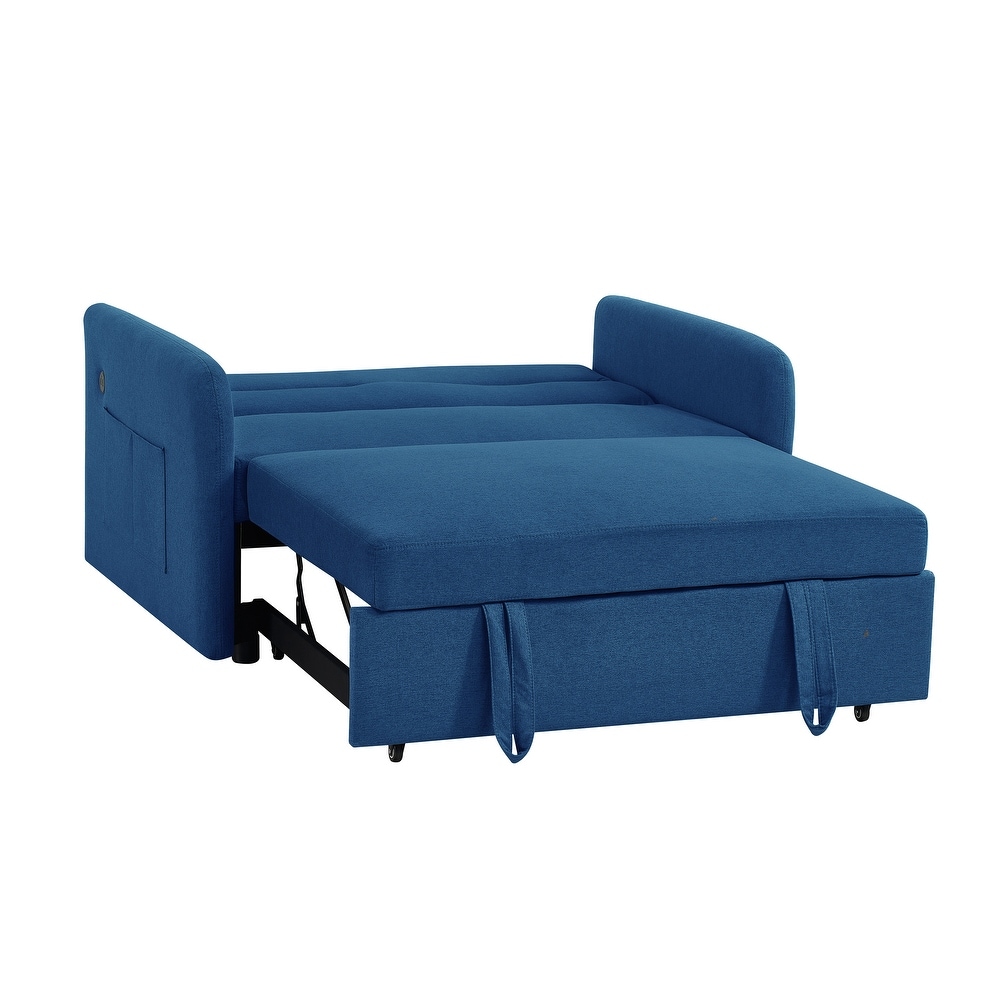 Multifunctional Blue Loveseat Bed w/ Hidden Pull out Sofa Bed  USB Ports  Folding Sleeper Sofa with Side Pocket for Livingroom