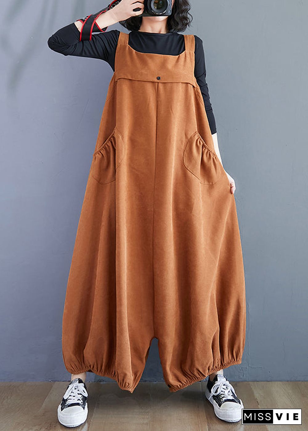 Unique Caramel Pockets High Waist Patchwork Corduroy Jumpsuit Fall