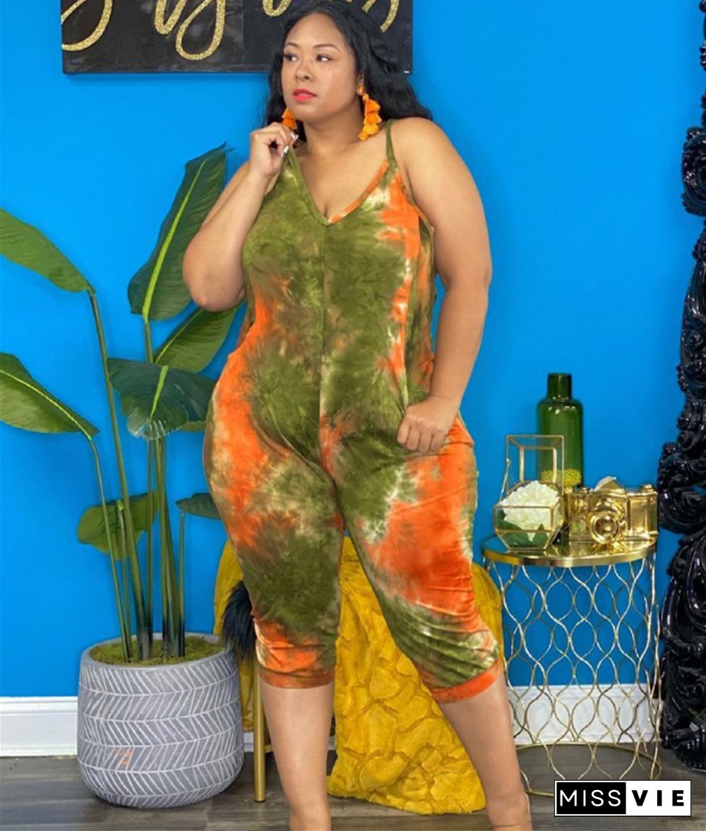 Tie Dye Print Sleeveless Plus Size Rompers