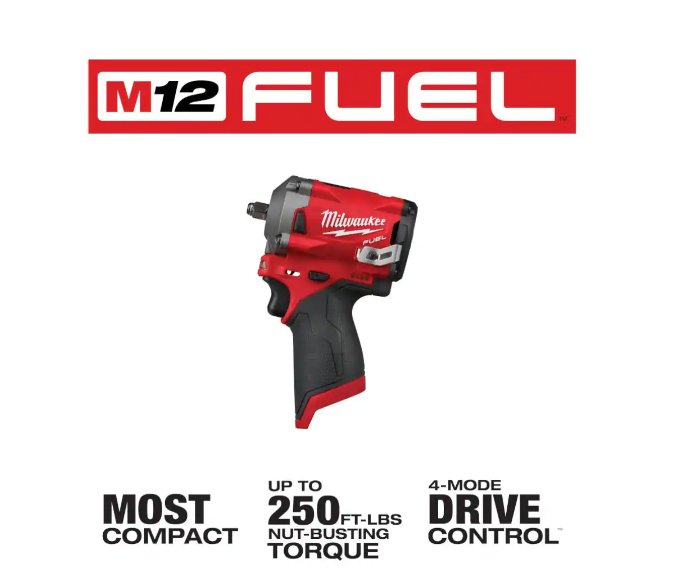 Milwaukee 2554-20-2551-20-48-11-2412 M12 FUEL 12V Lithium-Ion Brushless Cordless Stubby 3/8 in. Impact Wrench and Impact Driver with Two 3.0 Ah Batteries