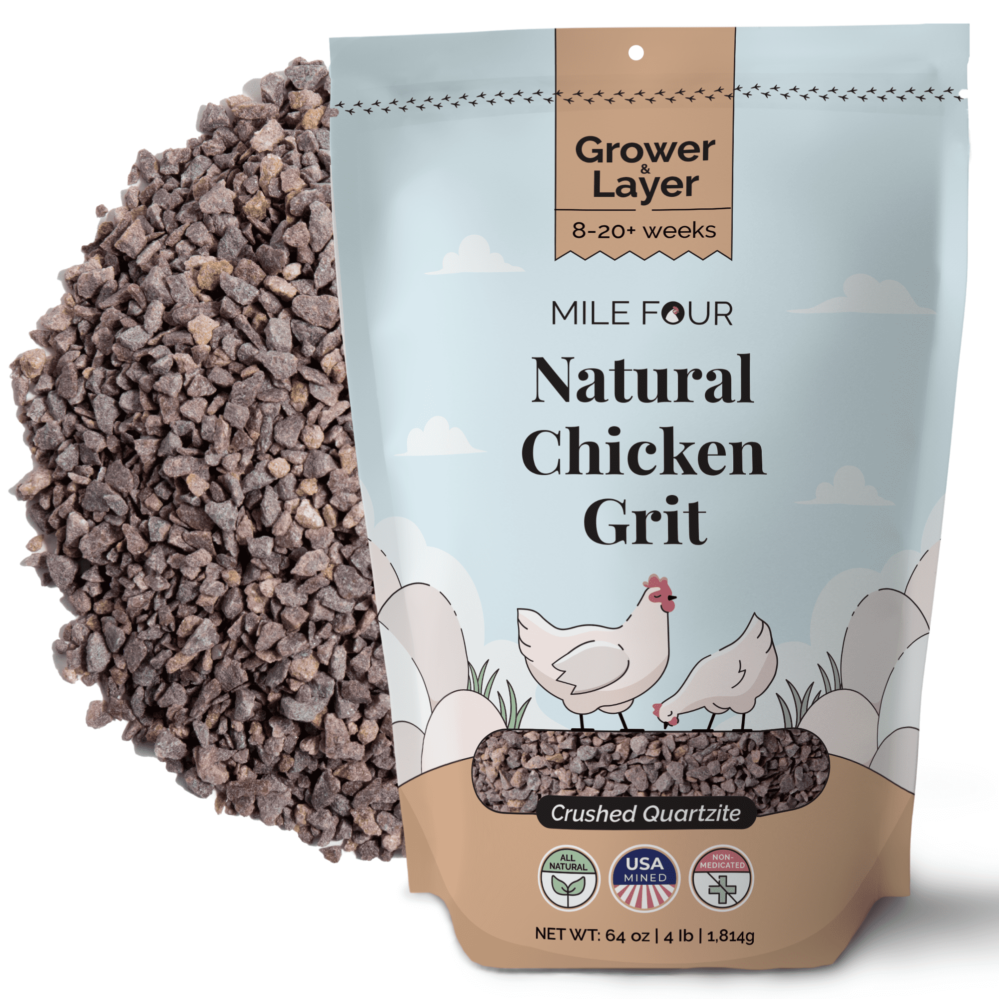 Mile Four | Grit for Healthy Chickens | 100% US Mined Quartzite， Mineral Grit | Organic， Natural Crushed Grit Quartzite， Mineral Grit | Healthier Chickens | 4 lbs.