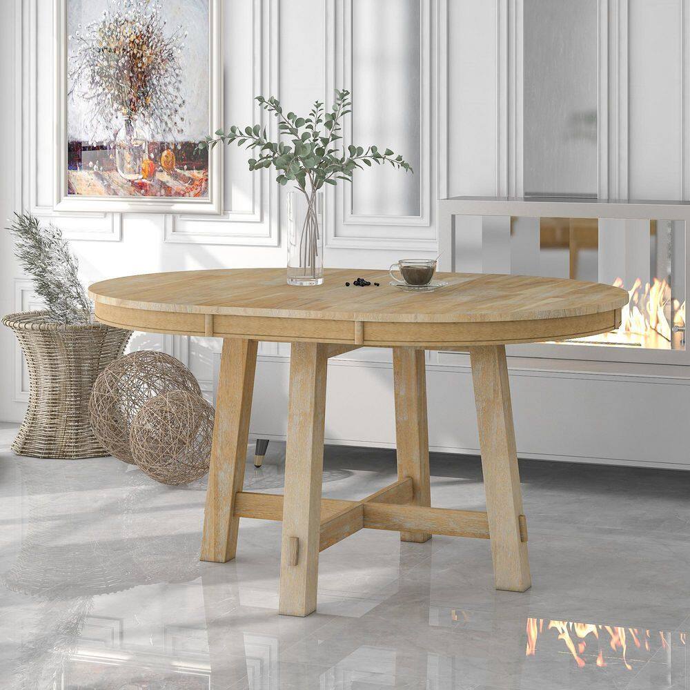 URTR 42 in. - 58 in. Round Natural Wood Wash Wood Top Extendable Dining Table Kitchen Dining Room Table with X-Shaped Base T-02009-E