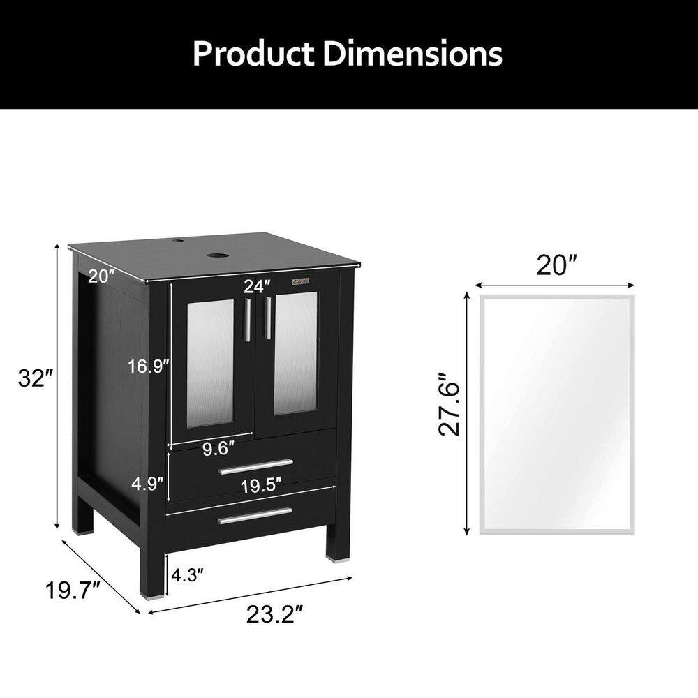 eclife Classical 24 in. W x 20 in. D x 32 in. H Bath Vanity in Black with Waterproof MDF Top in Black with Mirror THKFBV102BK