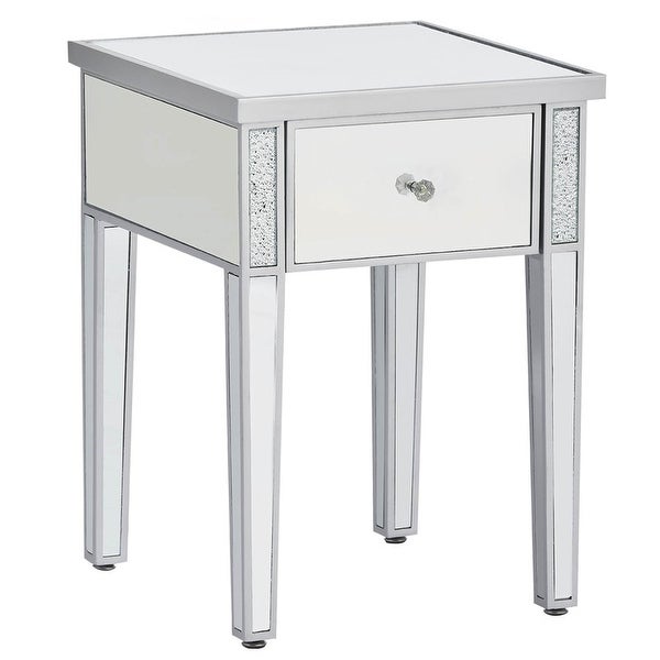 Modern Glass Mirrored End Table with Drawer， Corner Table with Crystal Handles and Adjustable Height Legs