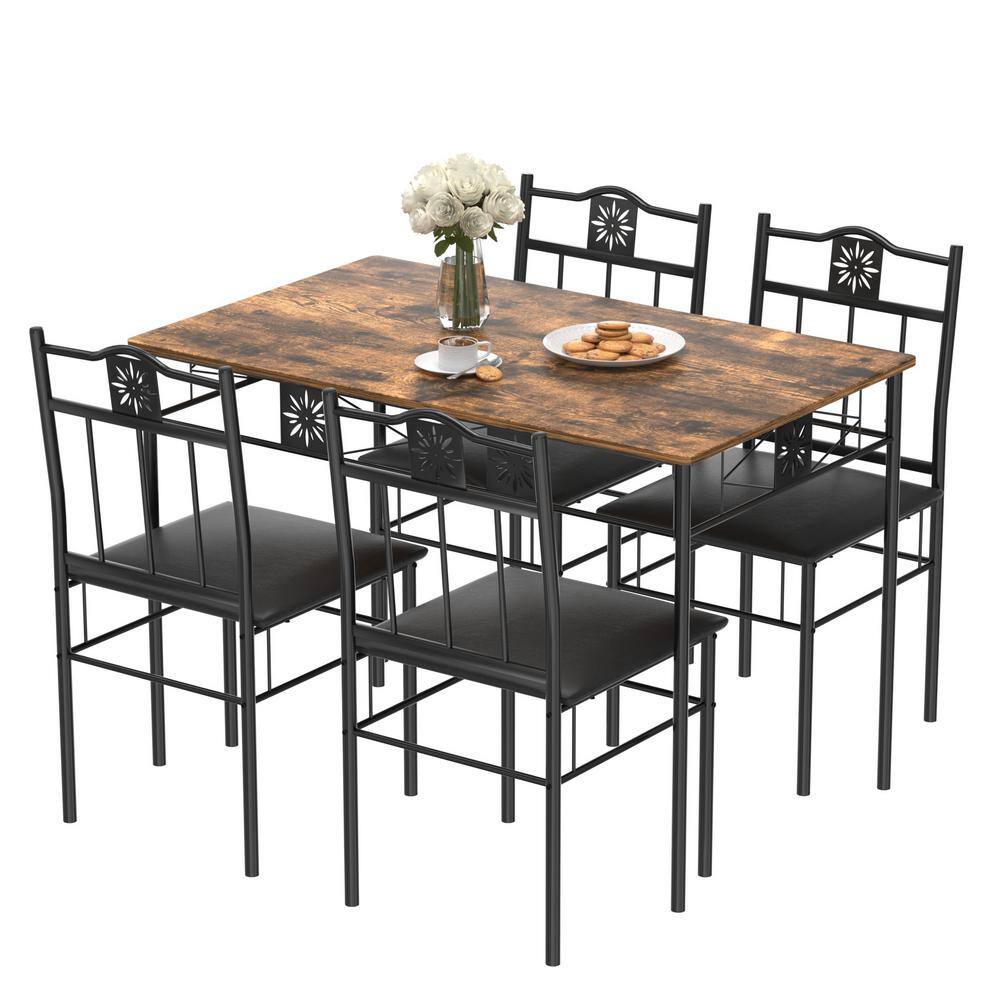 VECELO 5-Piece Dining Table Set Wooden Kitchen Table 1 Table 4 Chairs Metal Legs Rectangular Dining Table Sets，42.1L Brown KHD-XJM-TC07