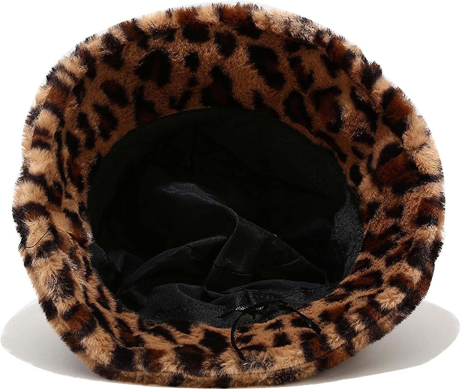 Winter Faux Fur Bucket Hat Fluffy Warm Hat For Women Men Small Leopard Pink -