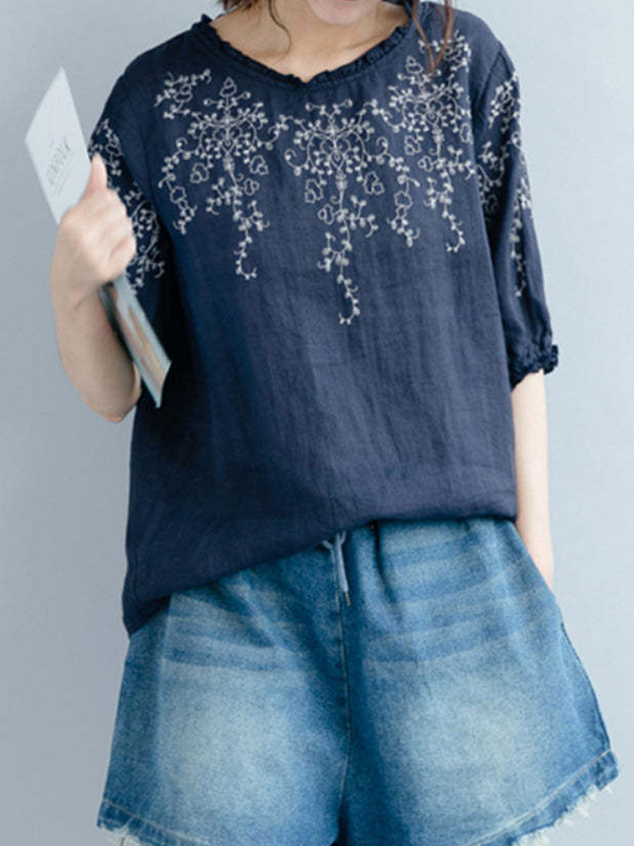 Round Neck Casual Loose Embroidered Short Sleeve Blouse