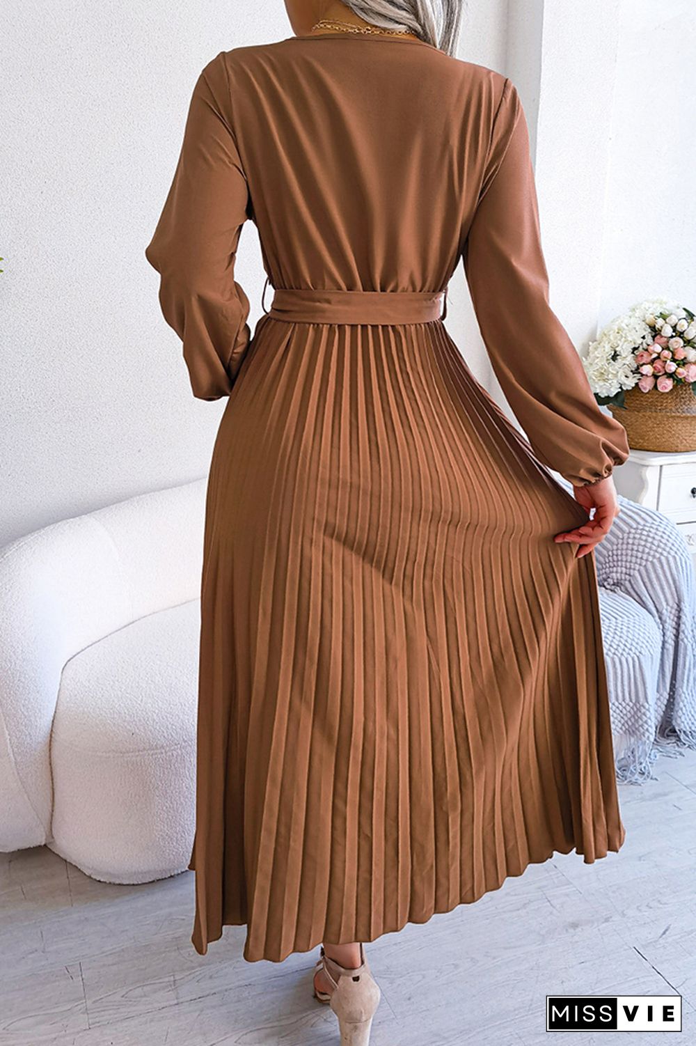 Plain Wrap V Neck Pleated Maxi Dress