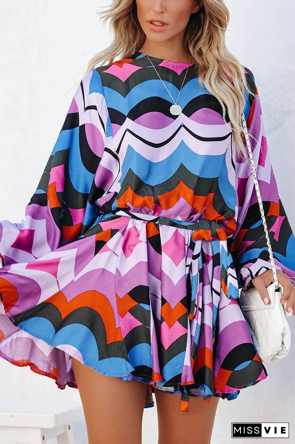 Multicolor Geometric Print Lantern Sleeves Mini Dress