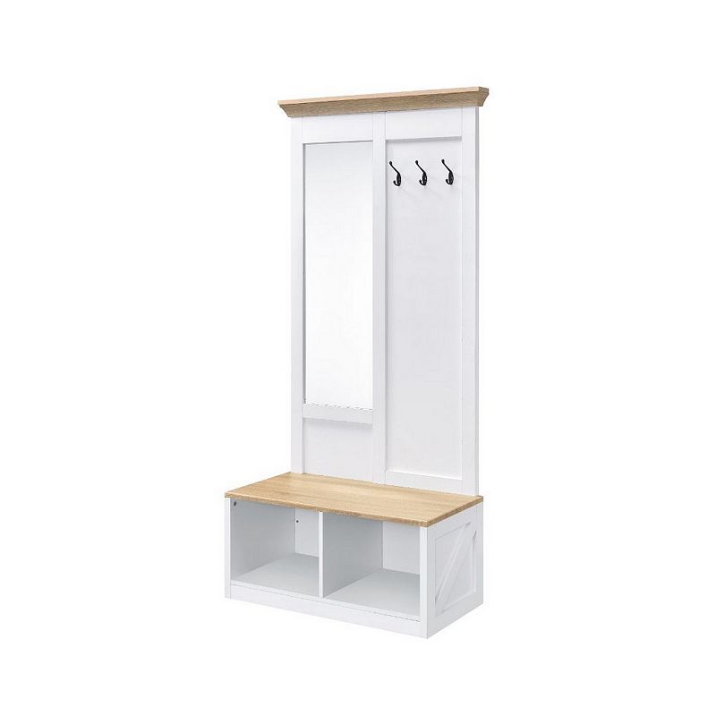 Hall Tree With Body Length Mirror and Bench Seat， White and Brown