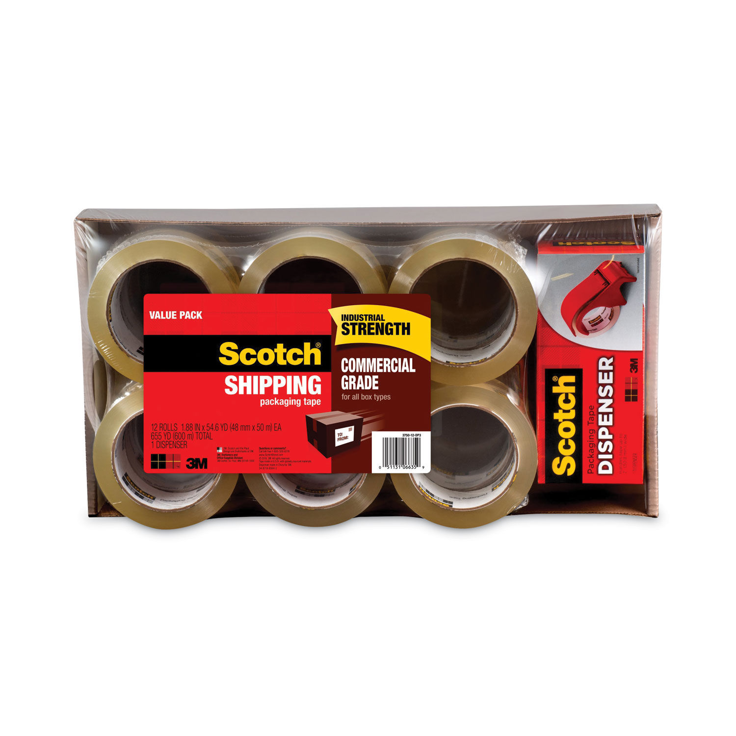 3750 Commercial Grade Packaging Tape with DP300 Dispenser by Scotchandreg; MMM375012DP3