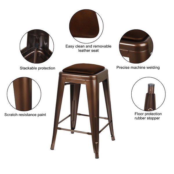 24 inch backless Metal Stool with Leather Cushion seat-Set of 2