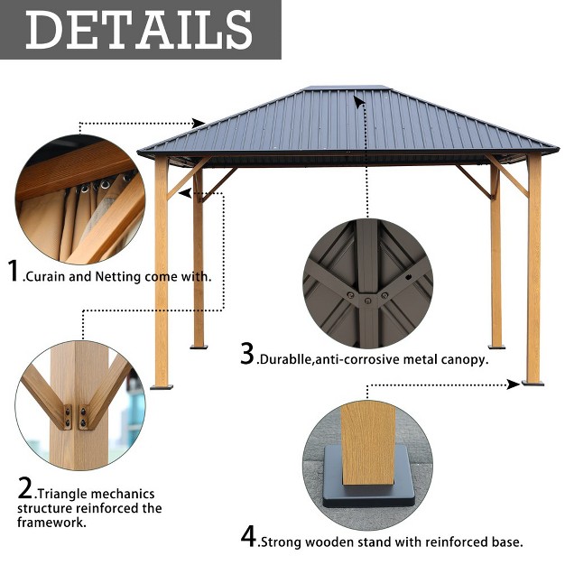 Aoodor Wood Grain Aluminum Gazebo Hardtop Black Steel Roof With Curtain amp netting