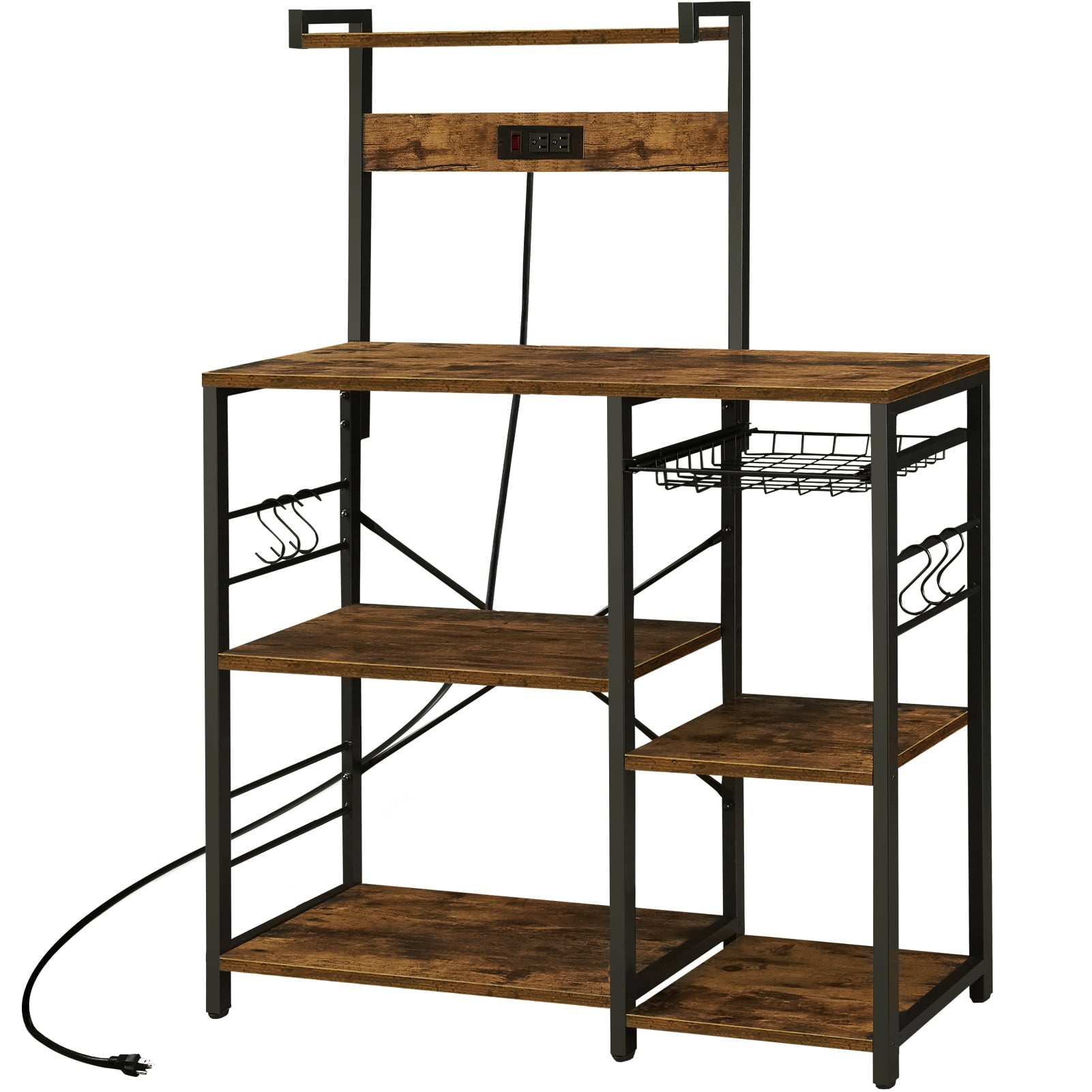 SUPERJARE Bakers Rack with Power Outlet， Microwave Stand， Coffee Bar with Wire Basket， Wood Kitchen Storage Rack with 6 S-Hooks， Kitchen Shelves for Spices， Pots and Pans， Vintage Brown