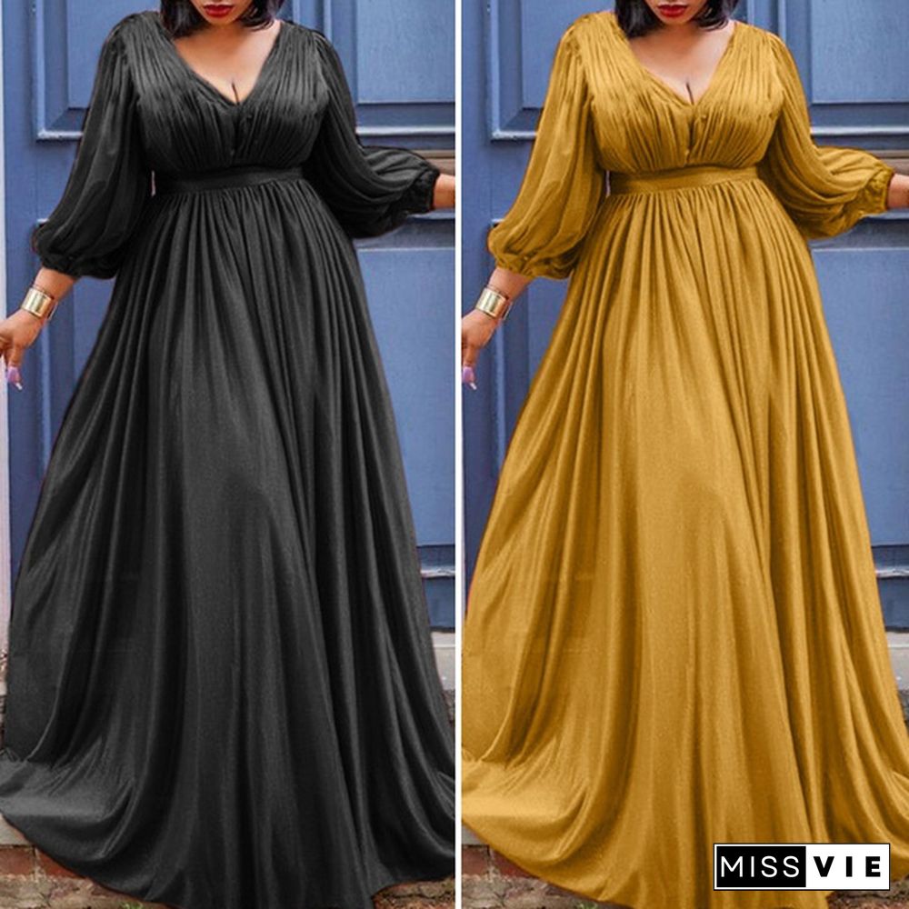 Women V Neck Puff Sleeve Dress Pleated High Waist Dress Prom Cocktail Gown Maxi Dress