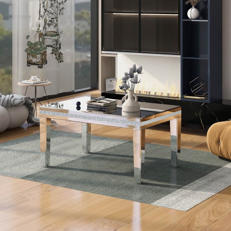 Fashionable Modern Glass Mirrored Coffee Table， Cocktail Table with Crystal Design and Adjustable Height Legs