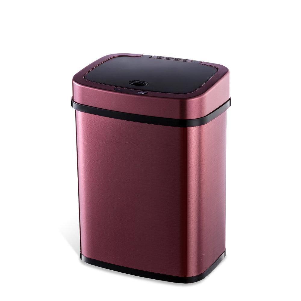 NINESTARS 3 Gal. Burgundy Stainless Steel Rectangular Shape Motion Sensor Metal Household Trash Can DZT-12-5BURG