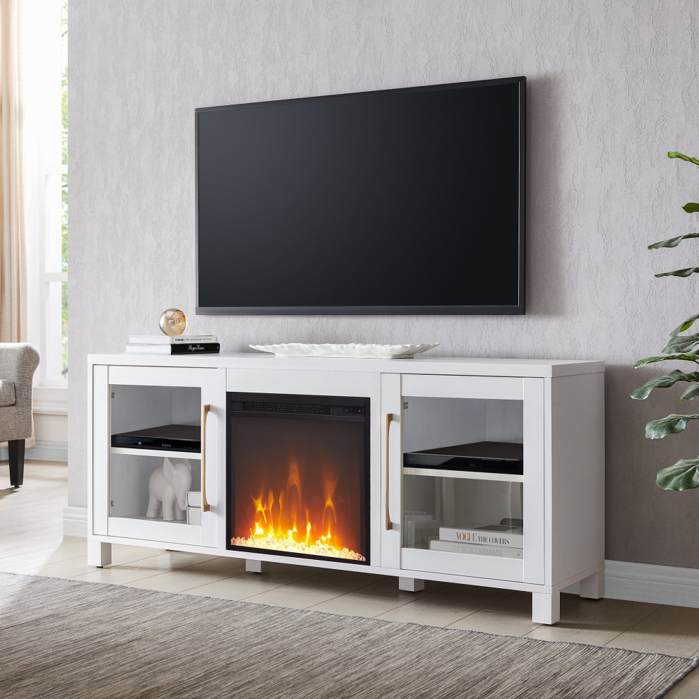 Large TV Stand  Fireplace and Glass Door Cabinet With Cord Holes  White   Transitional   Entertainment Centers And Tv Stands   by Declusia  Houzz