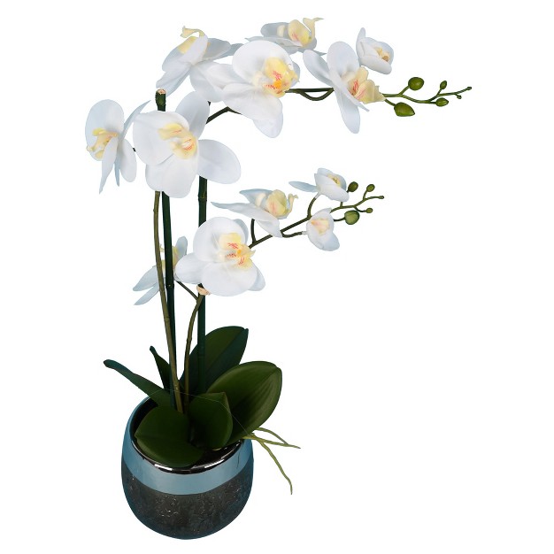 Artificial White Phalaenopsis In Metal Pot.