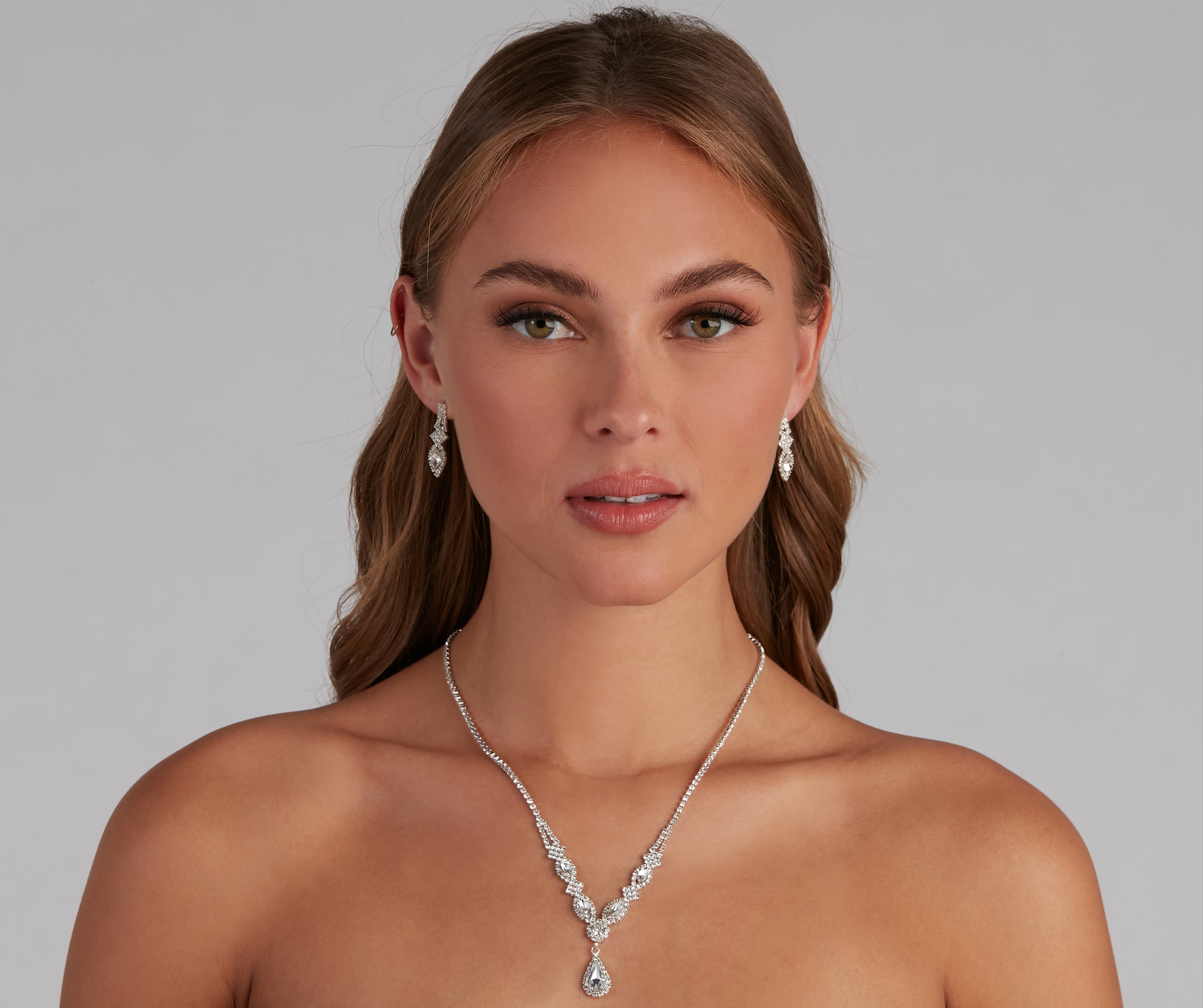 Statement Rhinestone Teardrop Necklace Set